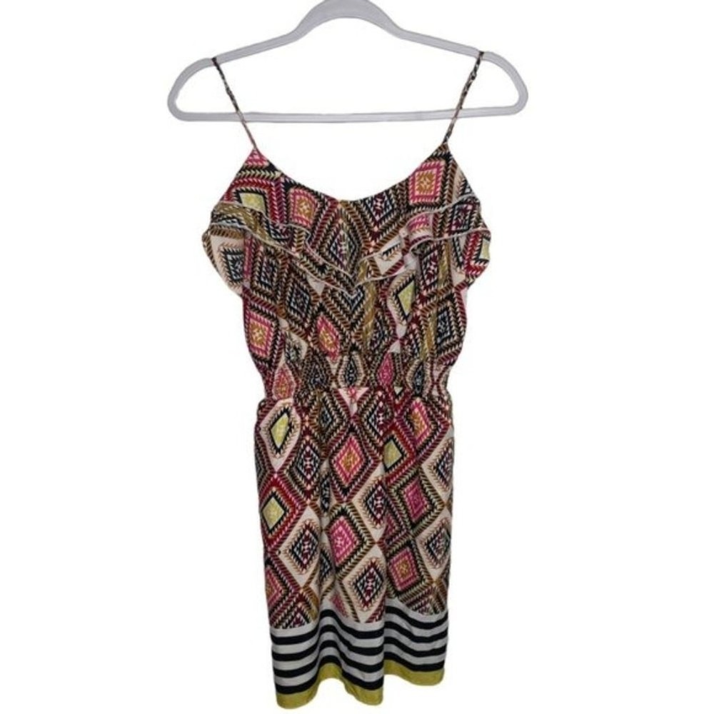 Love Reign Geometric Tribal Print Ruffle Mini Dress Pink Orange Size M Summer